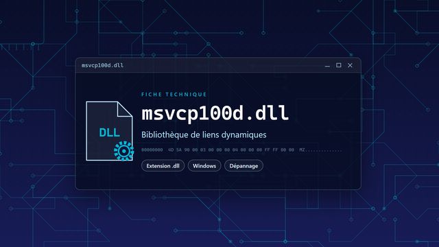 Erreur msvcp100d.dll : causes et solutions Visuel technique du fichier msvcp100d.dll, bibliothèque de liens dynamiques de Windows