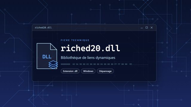 Erreur riched20.dll : causes et solutions Visuel technique du fichier riched20.dll, bibliothèque de liens dynamiques de Windows